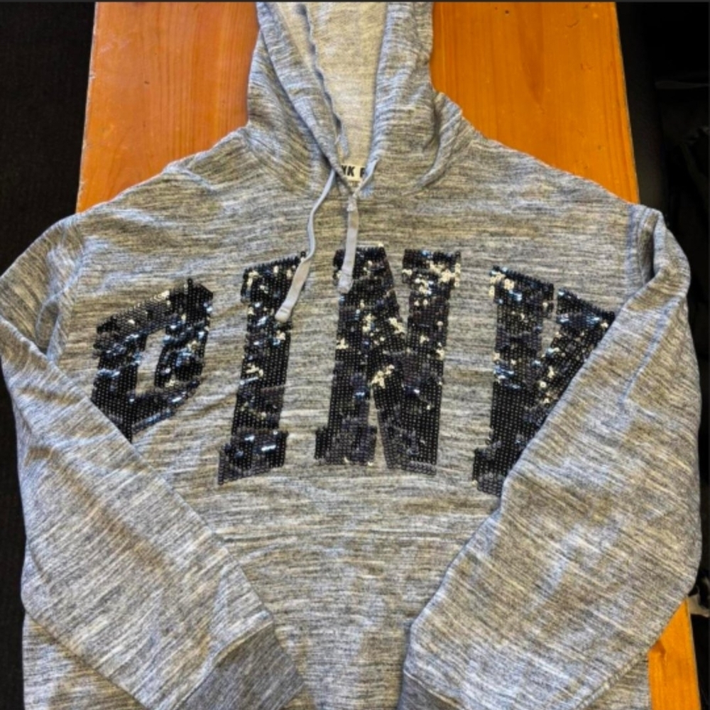 PINK Victoria's Secret Gray Hooded Sweatshirt with Black Sequin Logo